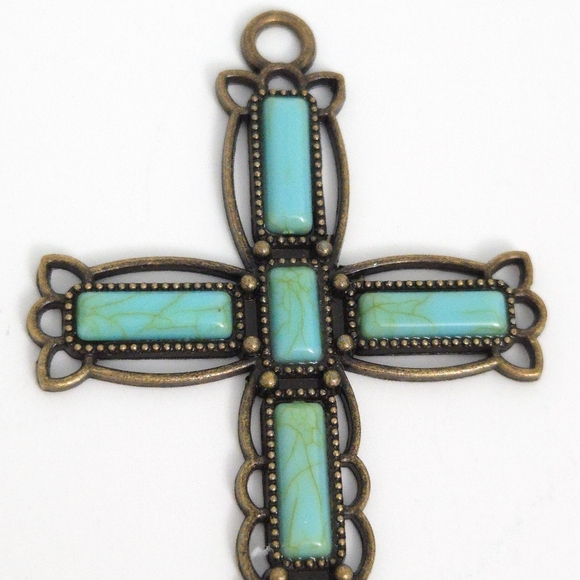 Large Christian Cross Turquoise Black Silver Pendants for Necklaces (Set of 2) - Picture 6 of 7